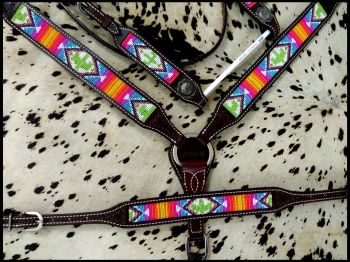 Showman Argentina Leather Beaded Southwest and Cactus 3 Piece Headstall and Breastcollar Set #3